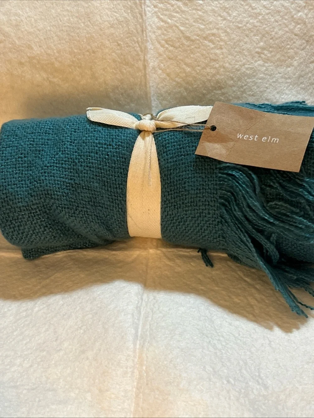 West Elm Teal Favorite Throw Blanket NWT Solid Woven Fringe Accent Cozy 50x60 in
